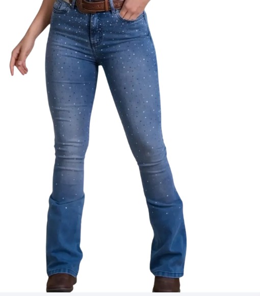 CALÇA FLARE FEMININA COM BRILHO CINTURA ALTA