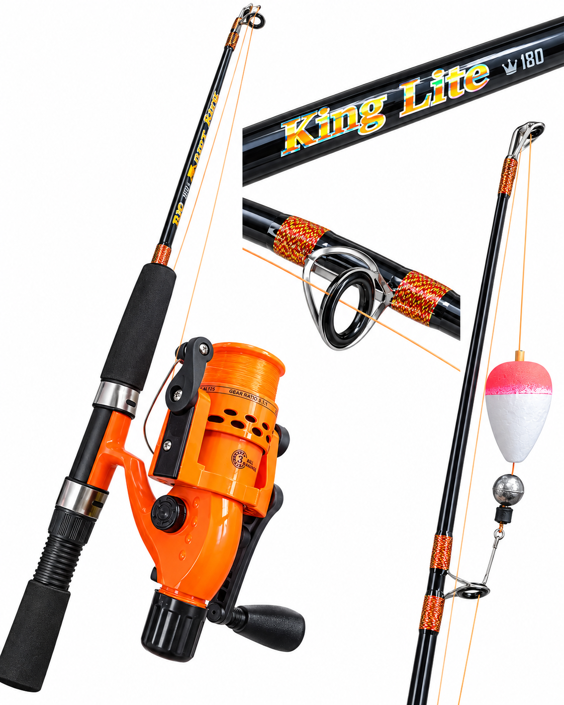 CONJUNTO PESCA DOURADA 107 (MOLINETE 3 ROLOS + VARA 1.65M) PRETO COM LARANJA
