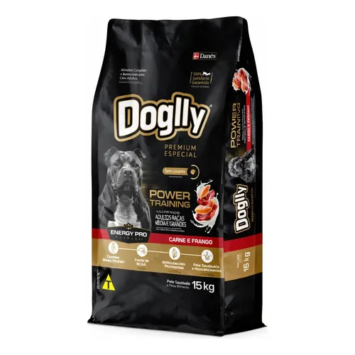 DOGLLY CÃES ADULTOS POWER TRAINING RAÇAS MÉDIAS E GRANDES CARNE E Frango 15 KGS