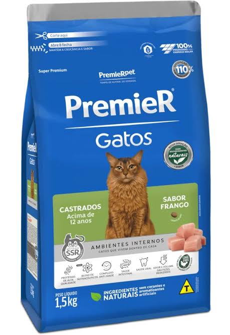 PREMIER GATOS CASTRADOS ACIMA DE 12 ANOS  FRANGO 1,5 KG