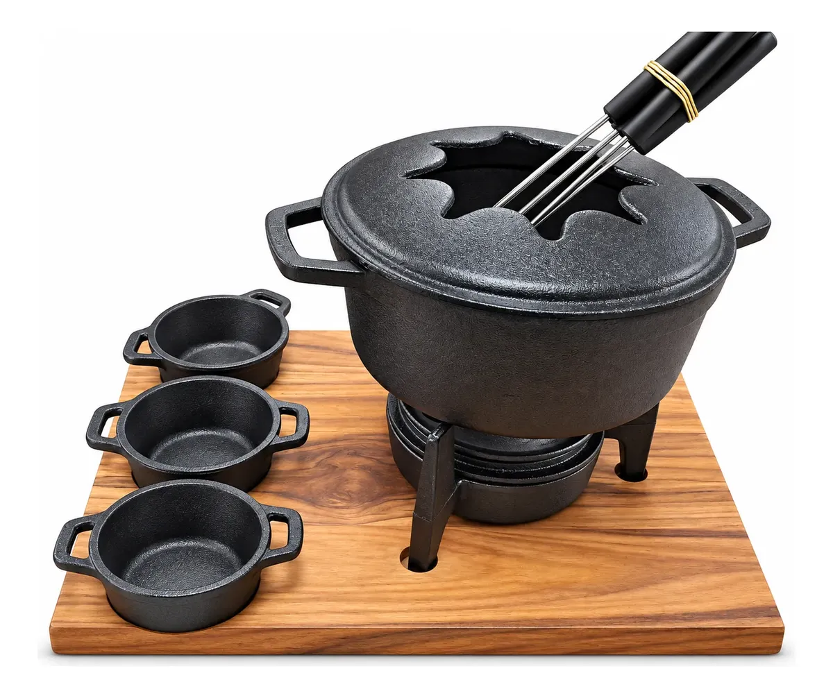 FONDUE COM MOLHEIRAS E SUPORTE MADEIRA